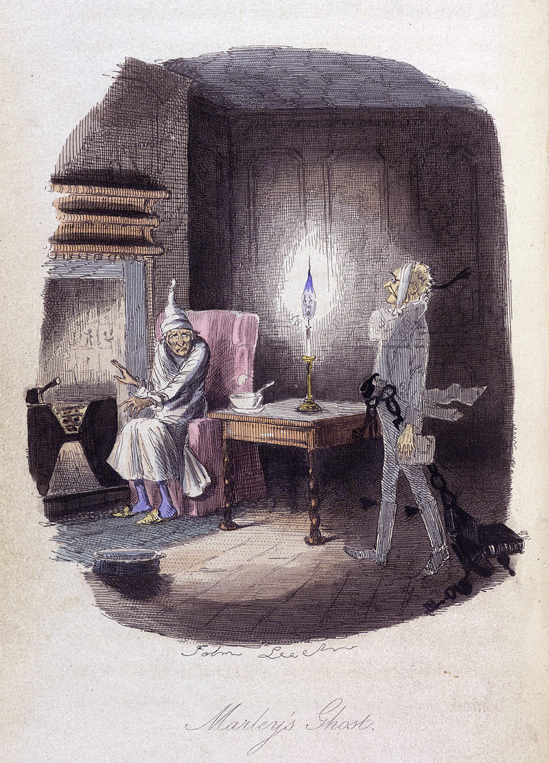 Marley's Ghost. Ebenezer Scrooge visited by a ghost. Colour illustration from 'A Christmas Carol in prose. Being a Ghost-story of Christmas', by Charles Dickens, With illustrations by John Leech. Public Domain