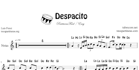 Despacito de Luis Fonsi Partituras y Tablaturas con Notas en Clave de Sol, Fa y Do