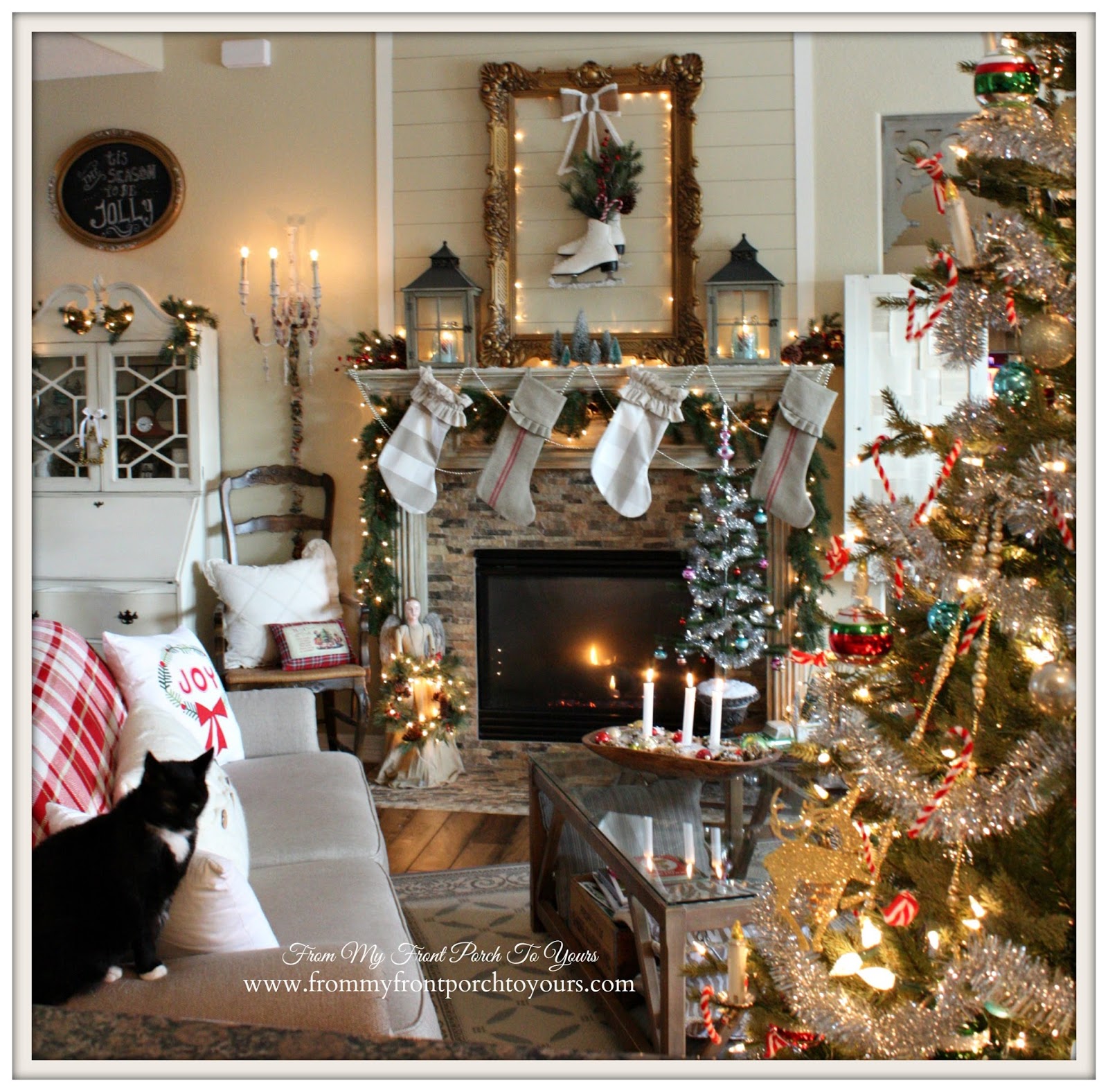 Farmhouse- Vintage- Christmas- Living Room-Fireplace-Tree-Kitty- From My Front Porch To Yours