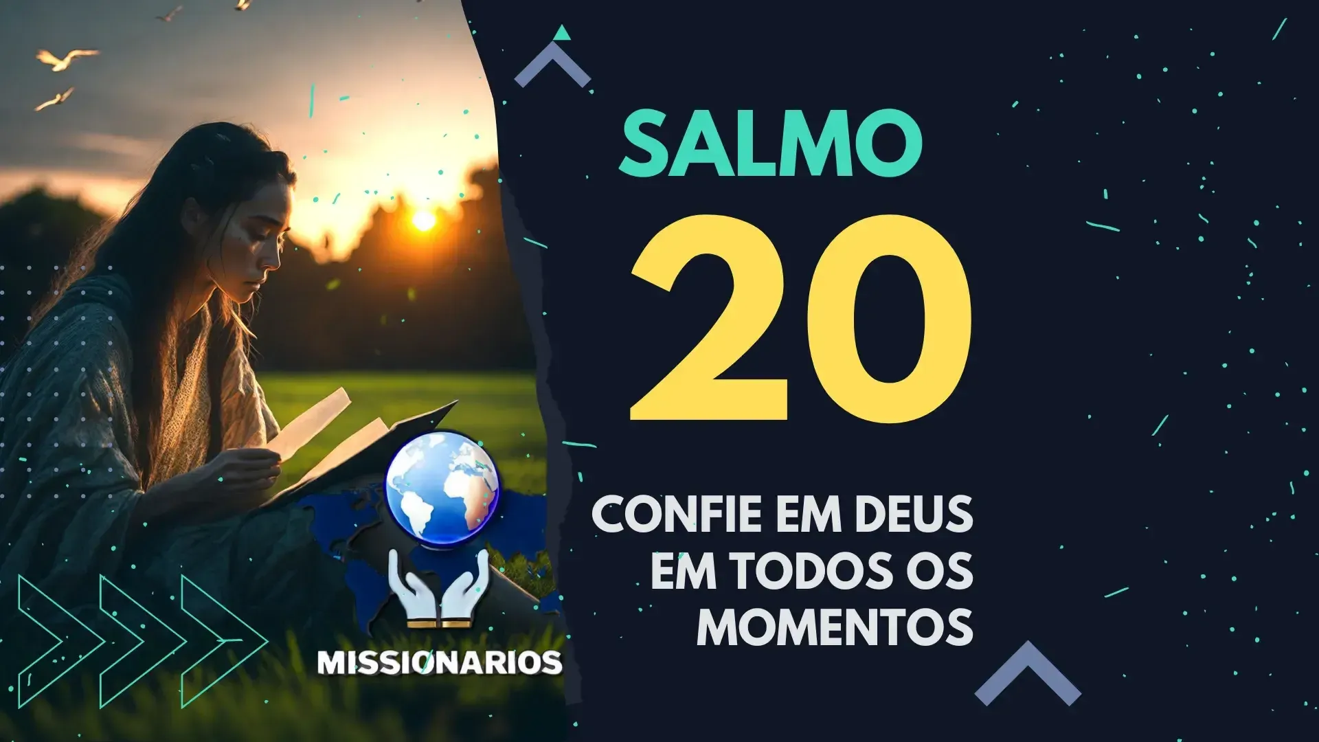 A imagem mostra uma jovem sentada na grama, lendo o livro dos salmos. E a capa do estudo bíblico - Salmo 20: Confie em Deus em todos os momentos