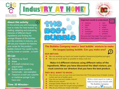 An industry at home activity sheet.  Most of the text is too small to read.The title says 'Best Bubbles'.