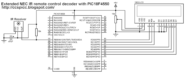 Extended NEC protocol for IR remote control decoder using PIC18F4550 circuit - CCS PIC C