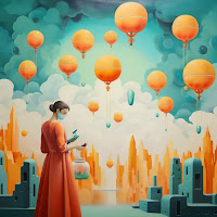 Image of woman dressesd in orange in a face mask, outline of a\ city, globes floating