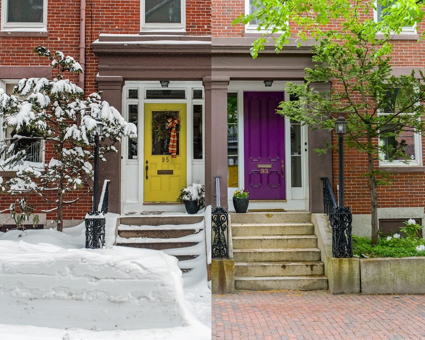 Portland, Maine USA May 2017 photo by Corey Templeton. A summer/winter mashup from a scenic stretch of Park Street. The winter photo is from January 2015 and the summer photo is from May 2017.