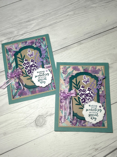 Floral greeting card using die cuts and images from Stampin' Up! Painted Lavender Bundle
