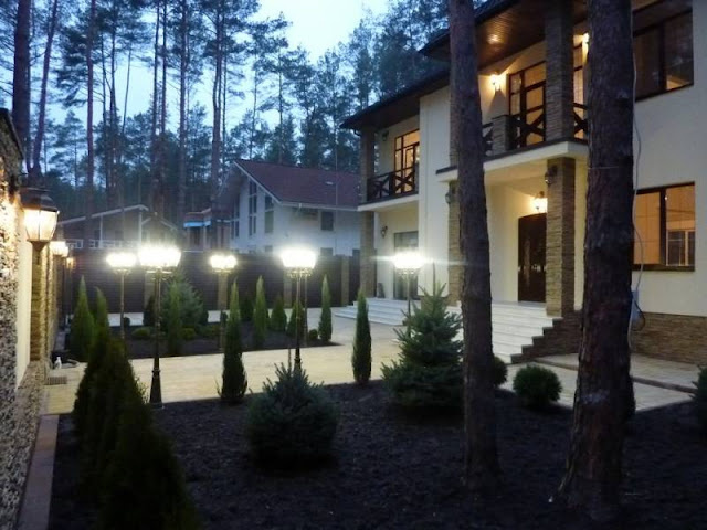 Two storey house in pine woods. Landscaped courtyard