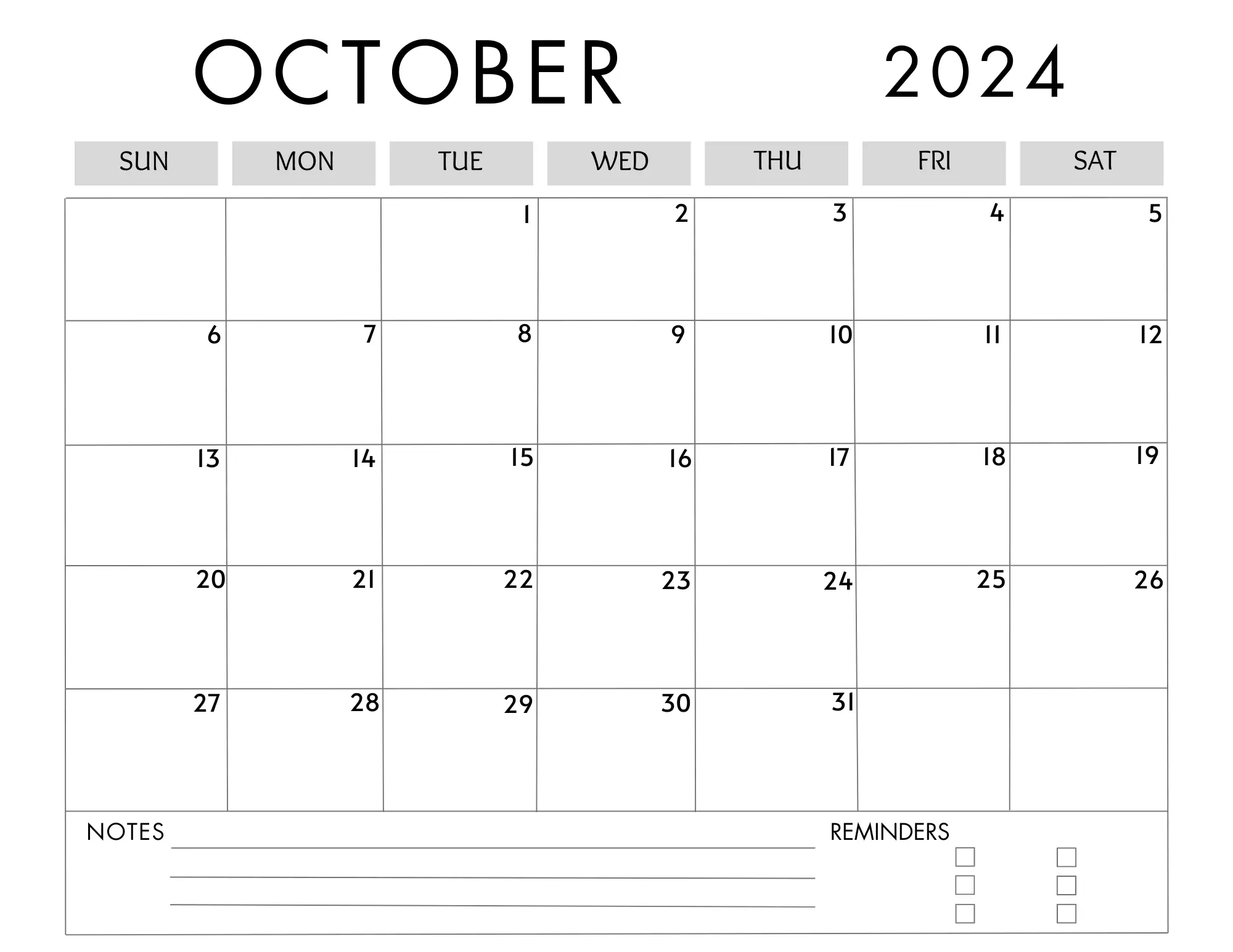 October 2024 Calendar with Notes