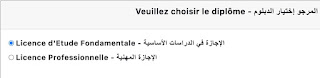 لقطة شاشة لاختيار الدّبلوم بين الإجازة في الدراسات الأساسية، والإجازة المهنية جامعة عبد المالك السّعدي UAE