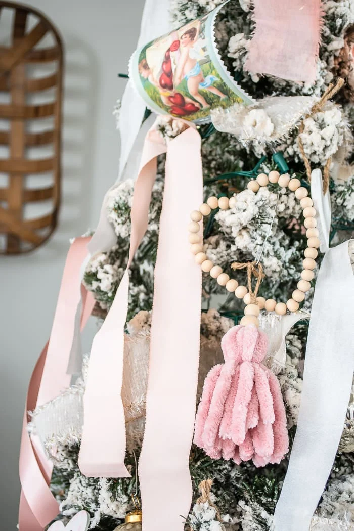 pink tassels on vintage Valentines tree