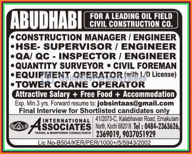 Vacancies For a Construction Company Abudhabi