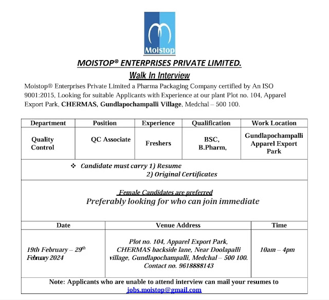 Moistop® Enterprises Walk in Interview For Quality Control Department