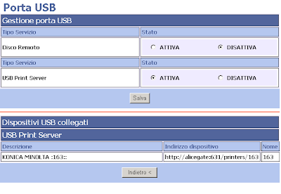 Esempio di configurazione della porta USB Master del modem / router ADSL (ALICE GATE)