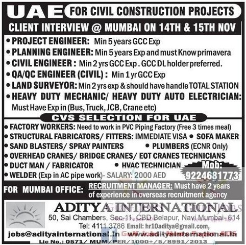 Civil construction project for UAE Large job vacancies