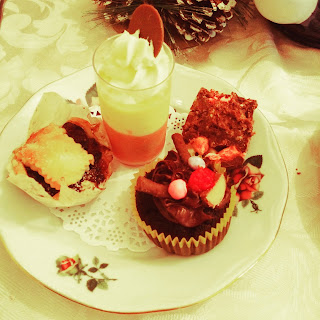 Trio of Desserts including mince pie, trifle and chocolate fudge cake