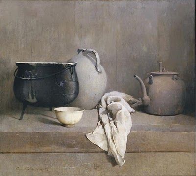 Beautiful still life painting with black cauldron and pottery by Emil Carlsen Soren