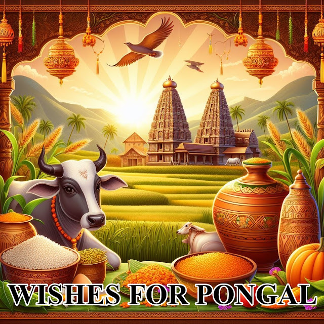 Pongal greetings with food, crops, cows and temples in the background