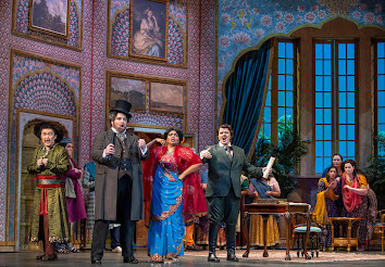 Zhengyi Bai as Basilio, Matthew Anchel as Dr. Bartolo, Tahanee Aluwihare as Marcellina, and Eugene Brancoveanu as Count Almaviva in Opera San José’s “The Marriage of Figaro.”  Act II finale.