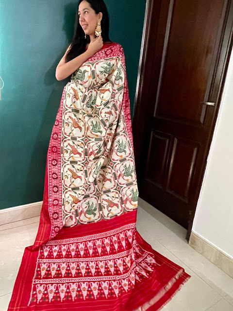 White and red silk pochampally saree