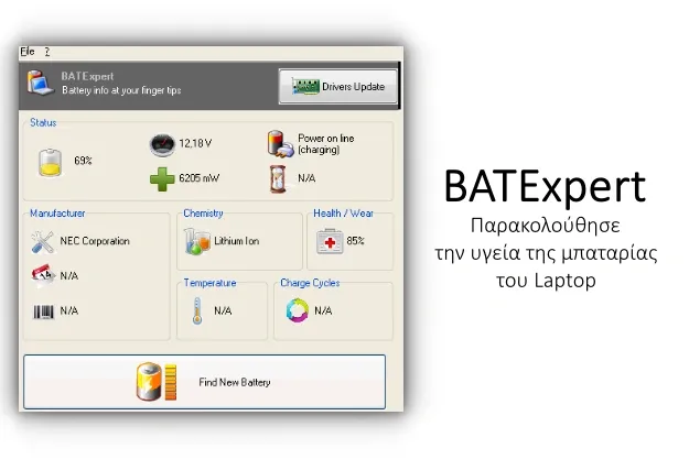 BATExpert - Παρακολούθησε την υγεία της μπαταρίας του Laptop