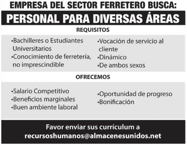 Empresa Ferretera busca personal para diferentes áreas 