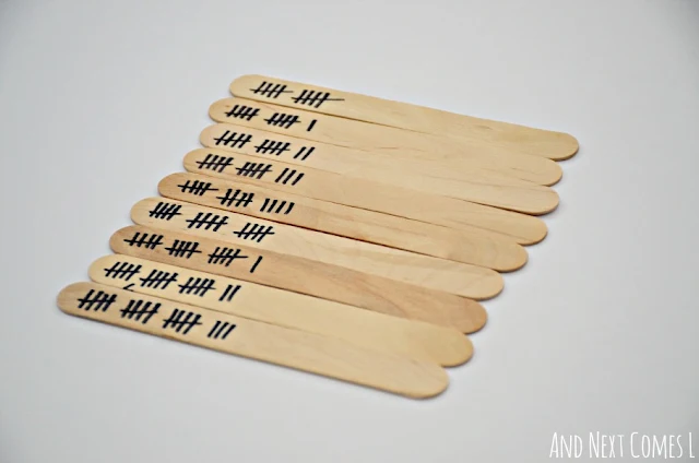Tally mark math craft sticks organized in order