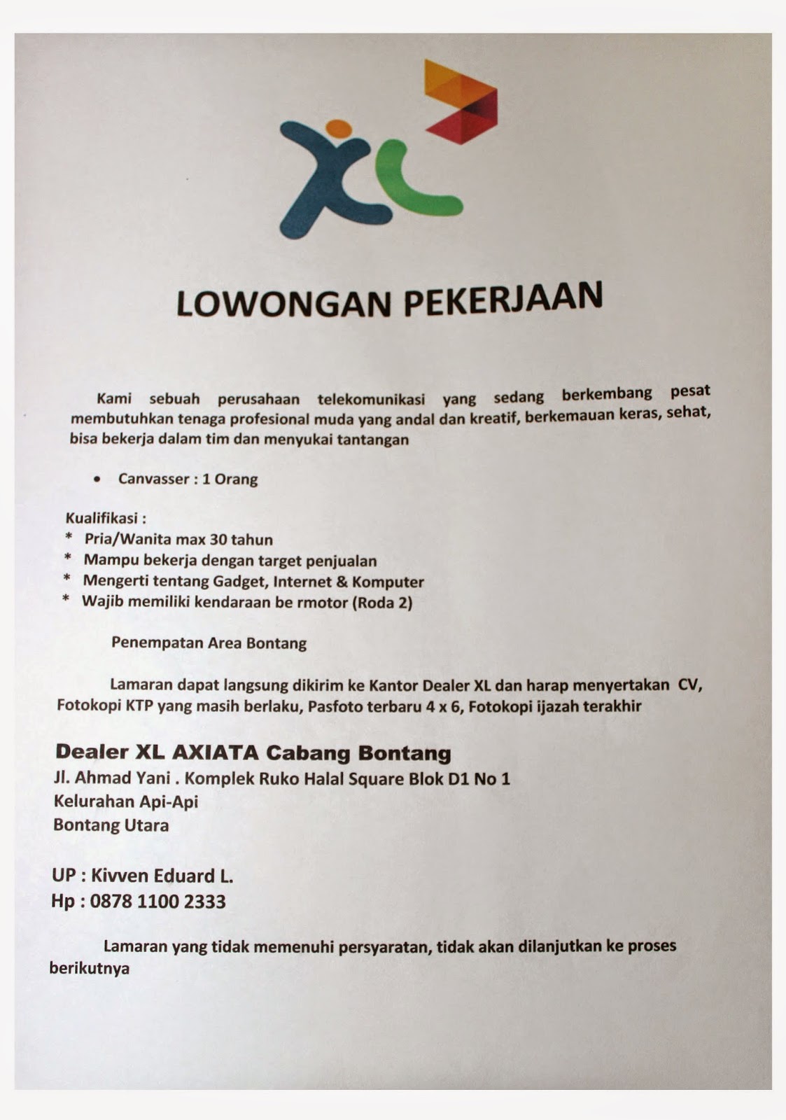 Lowongan Kerja Bontang : LOWONGAN XL AXIATA CABANG BONTANG