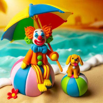 Clown with umbrella and puppy with beachball on the beach.