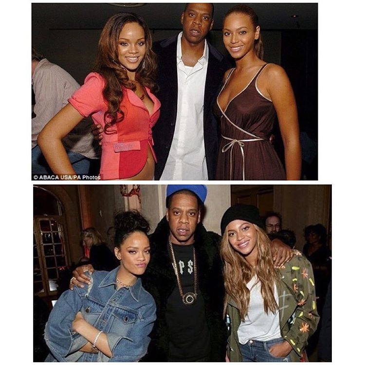 These group photos of Rihanna, JayZ and Beyonce are 10 years apart....