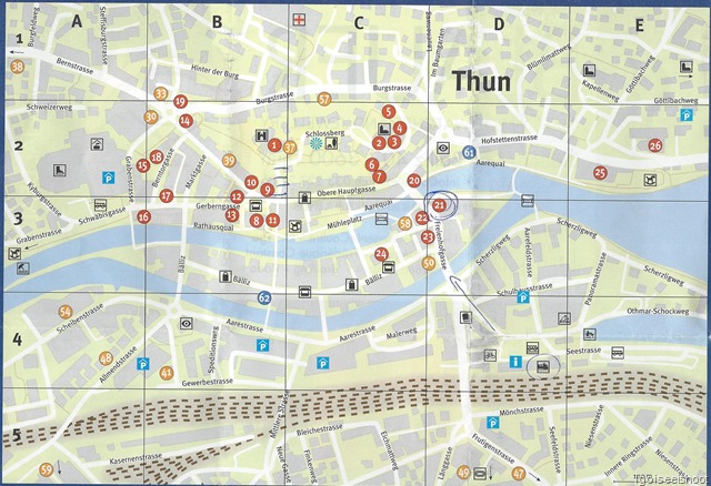 Tourist Map of Thun - Hotel Freienhof (circled) is a short walk from the train station and located on the island in the Aare River.