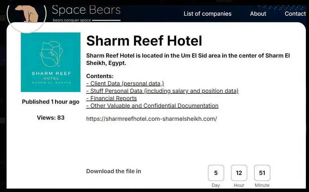 مجموعة برامج الفدية Space Bears اخترقت فندق شرم ريف