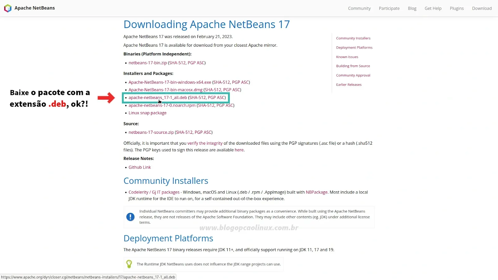 Página de download do Apache NetBeans IDE - Fevereiro de 2023