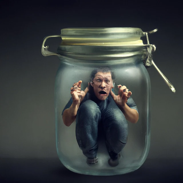 A man trapped in a jar powerless banging on the sides of the glass
