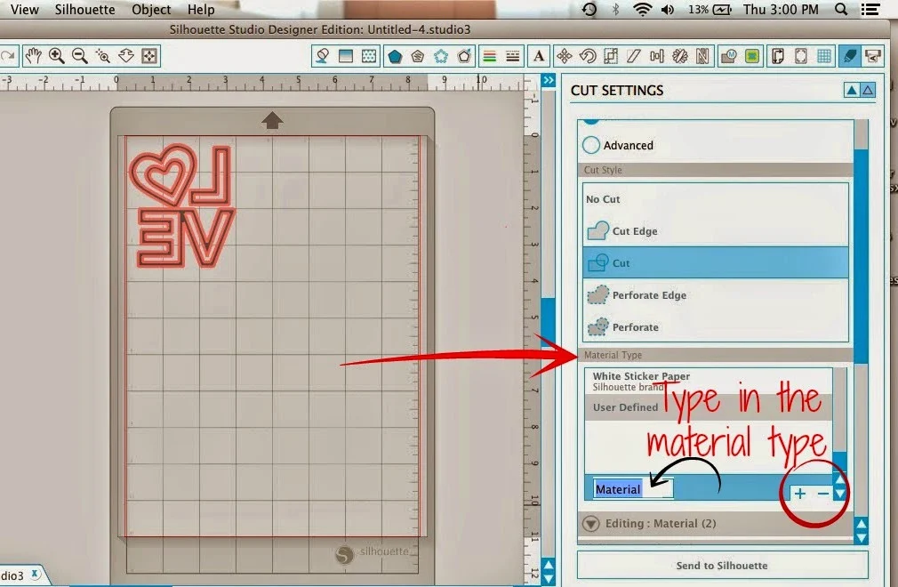 Custom, cut settings, Silhouette Studio, add, delete, material type