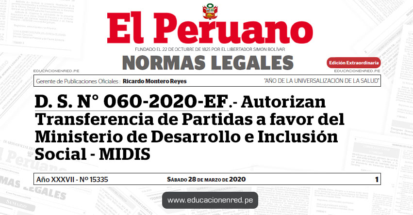 D. S. N° 060-2020-EF.- Autorizan Transferencia de Partidas a favor del Ministerio de Desarrollo e Inclusión Social - MIDIS