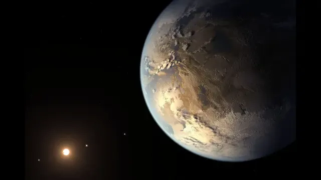 An artist's rendition of TOI-715 b, a rocky super-Earth orbiting a red dwarf star in a distant solar system, as seen from space. The planet is depicted as a rocky sphere with a hazy atmosphere, set against the backdrop of a star-studded cosmic vista, symbolizing the ongoing search for alien worlds beyond our own.