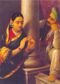 Raja Ravi Varma's Paintings: Tamilnadu Women Talking to his men with shy