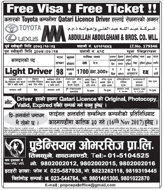 Free Visa Free Ticket Jobs in Qatar for Nepali, Salary Rs 49,300
