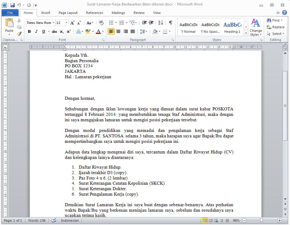 Contoh iklan lowongan kerja beserta surat lamaran yang 