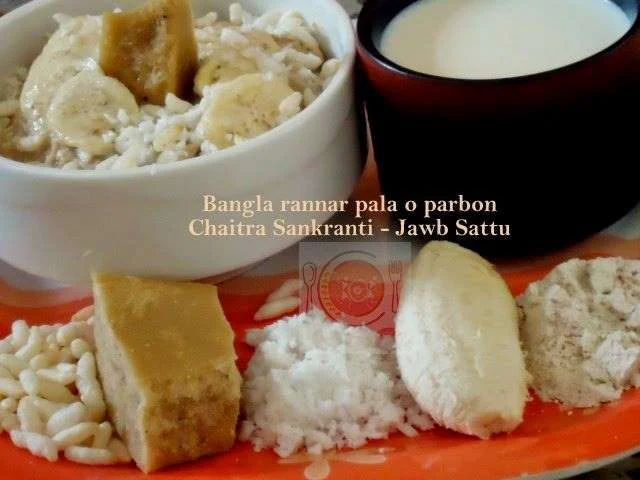Fiber Rich Barley Sattu and seasonal fruits and jawb or jober chhatu Barli Arisi bengali food