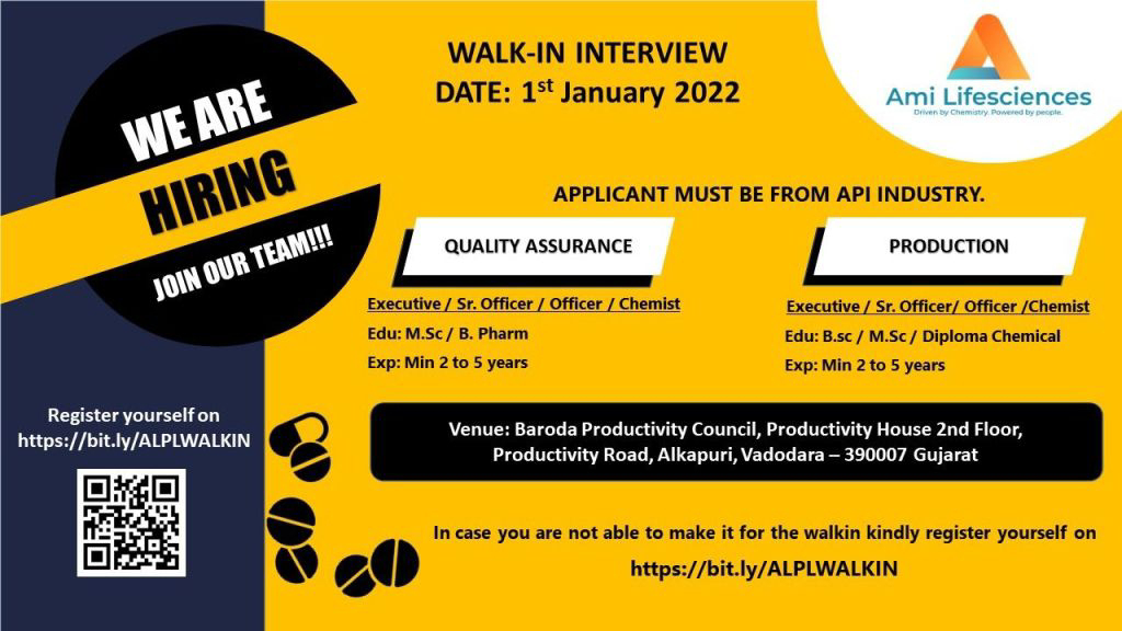 Job Availables,Ami Lifesciences Walk-In-Interview For Diploma Chemical/ BSc/ MSc/ B.Pharm