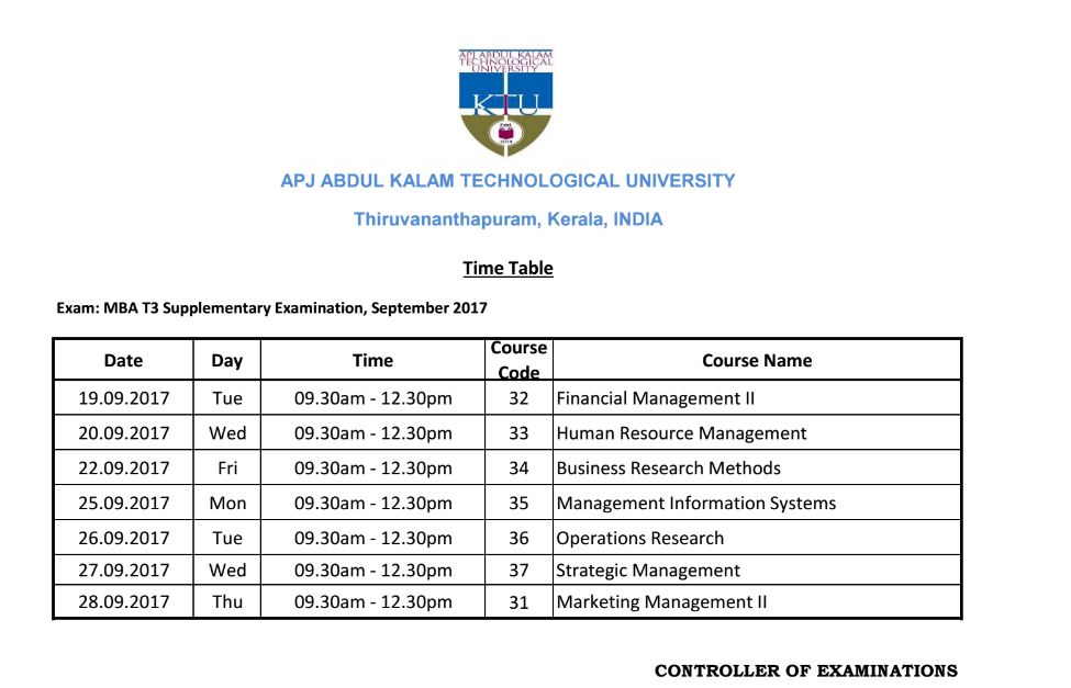 Revised Time Table- MBA T3 Supplementary Exam Sept 2017 published