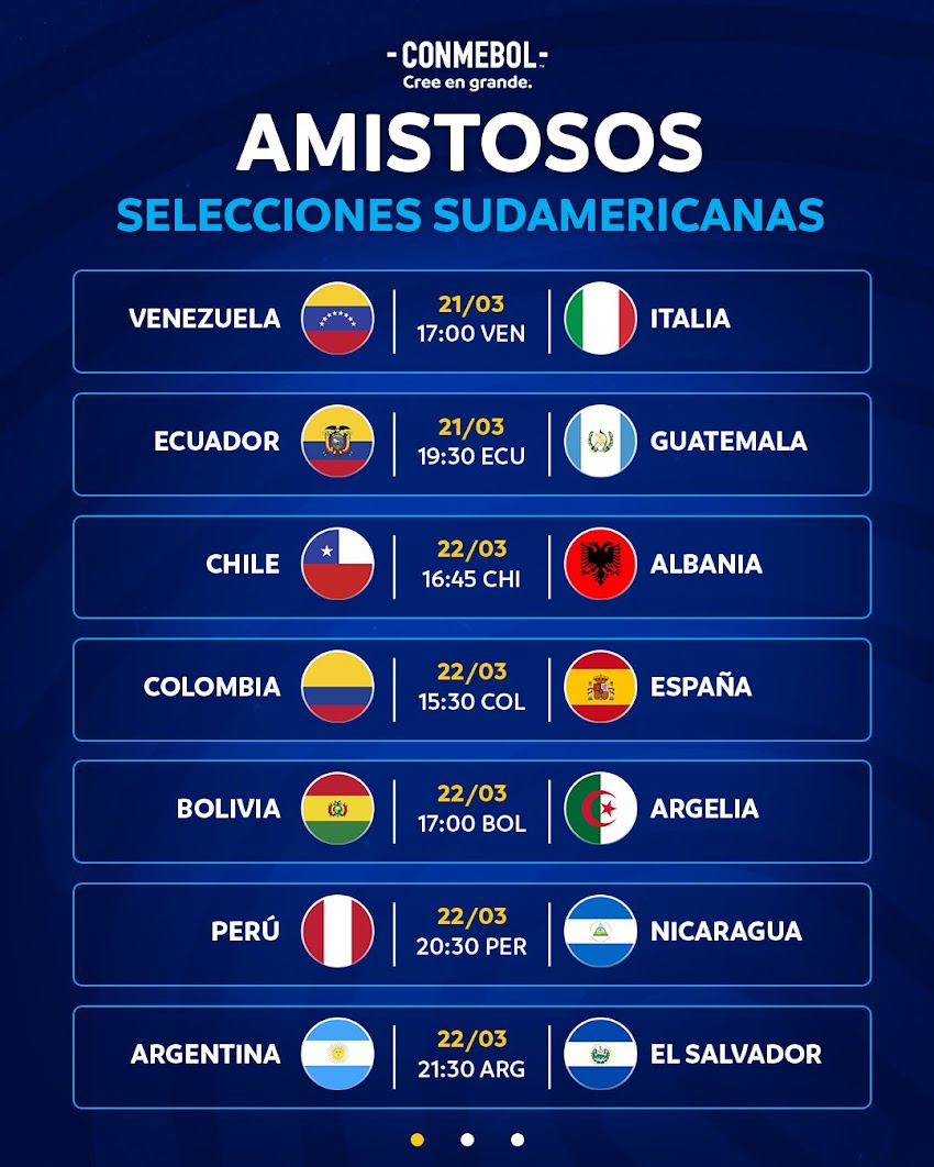 Amistosos internacionales con selecciones de CONMEBOL en fecha FIFA.