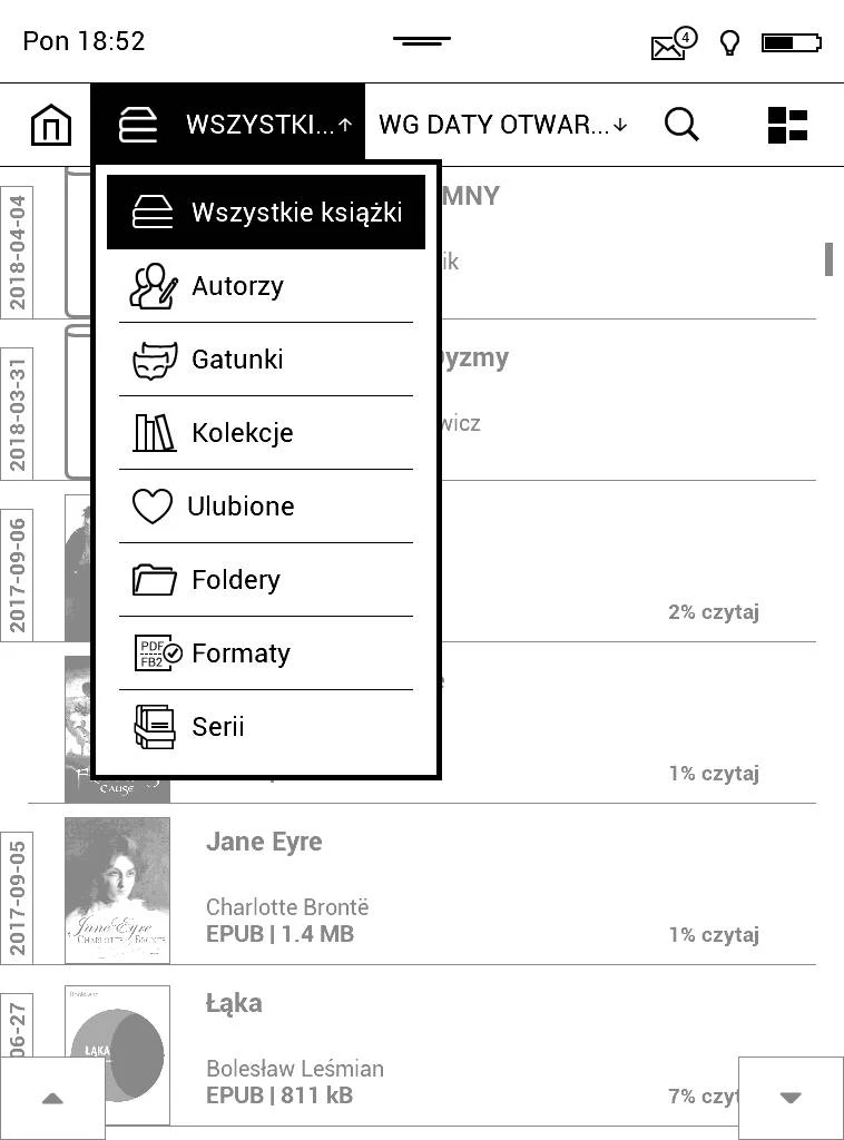 PocketBook Aqua 2 – zrzut ekranu menu rozwijanego z opcjami grupowania e-booków