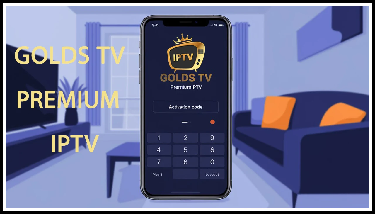 GOLDS TV PREMIUM IPTV مع صورة هاتف على خلفية زرقاء