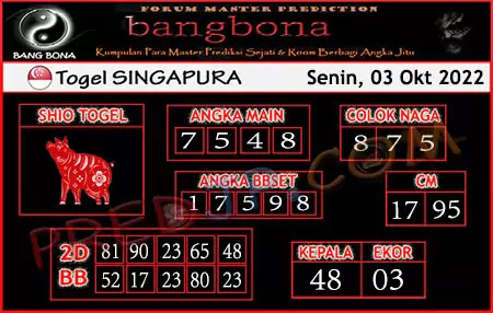 Prediksi Bangbona SGP Senin 03 Oktober 2022