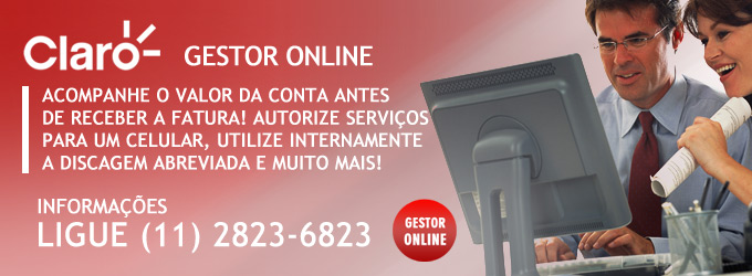 Gestor online Claro empresas : Acompanhe o valor da conta antes de receber a fatura! Autorize serviços para um celular, utilize internamente a discagem abreviada e muito mais! Informações (11) 2823-6823