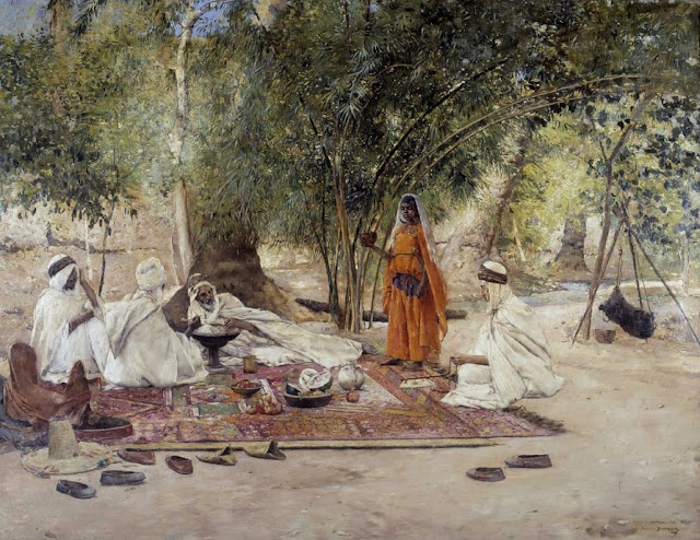 Le repas hospitalier. Scène de vie arabe dans l'oasis de Chetma près de Biskra. 1891 par Maurice Bompard