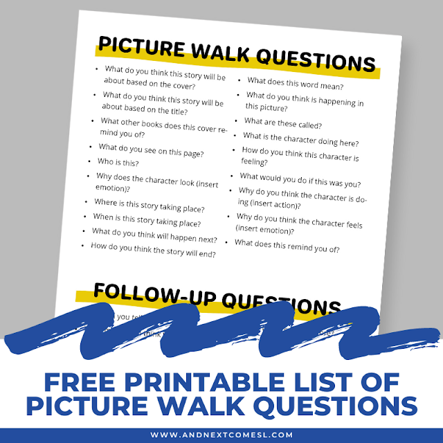 Free printable list of sample questions to ask when doing a picture walk with kids