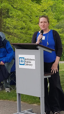 Attleboro Public Library Director Amy Rhilinger speaks at the second annual Slam Cancer event.