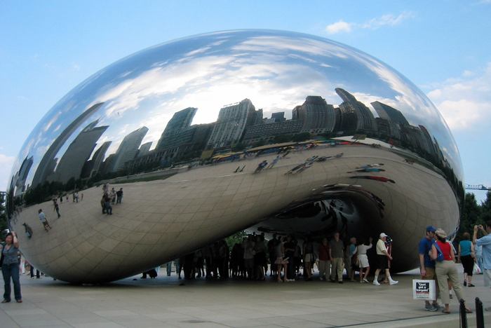 Cloud Gate, a public sculpture is the centerpiece of the AT&T Plaza in Millennium Park within the Loop community area of Chicago, Illinois, United States. The sculpture is nicknamed "The Bean" because of its bean-like shape. Made up of 168 stainless steel plates welded together, its highly polished exterior has no visible seams. 